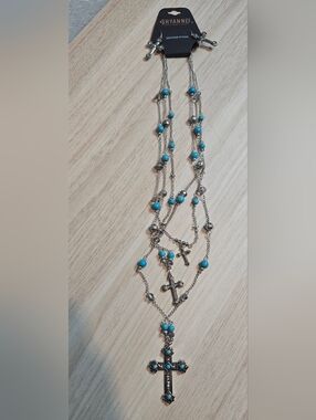 Shyanne Layered Cross Necklace And Earring Set New Silver Turquoise Color